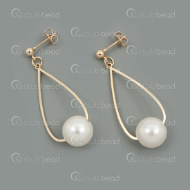4007-0102-333GL - Stainless Steel 304 Earring Ball Sutd 4mm Hollow Drop 37x14x1mm with Acrylic Pearl White Round 11.5mm Full Length 50mm Gold Plated 1pair 4007-0102-333GL,GOUTTE,montreal, quebec, canada, beads, wholesale