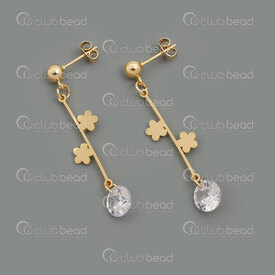 4007-0102-339GL - Stainless Steel 304 Earring Ball Stud 5mm Rod with Flower 29x10x1mm with Crystal Rhinsetone 8mm Full Length 48mm Gold Plated 1pair 4007-0102-339GL,plaque or,montreal, quebec, canada, beads, wholesale