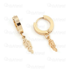 4007-0102-341GL - Stainless Steel 304 Earring Leverback Hoop Round 13.5x3mm with Feather Charm 13.5x5x0.8mm Gold Plated 4pcs (2pairs) 4007-0102-341GL,plume or,montreal, quebec, canada, beads, wholesale