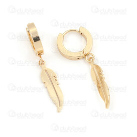 4007-0102-343GL - Stainless Steel 304 Earring Leverback Hoop Round 13.5x3mm with Feather Charm 22x5x0.7mm Gold Plated 4pcs (2pairs) 4007-0102-343GL,en ,montreal, quebec, canada, beads, wholesale