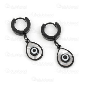 4007-0102-377BK - Stainless Steel 304 Earring Leverback Round 13.5x4mm with Drop Charm 16x11x4mm Evil Eye and Shell Filling Black 4pcs (2pairs) 4007-0102-377BK,GOUTTE,montreal, quebec, canada, beads, wholesale