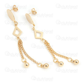 4007-0102-379GL - Stainless Steel 304 Earring Stud Oval and Lozenge Charm 16.5x9.5x0.8mm with Curb Chain 2.2mm Tassel and Ball Round 5mm Full Length 75mm Gold Plated 1pair 4007-0102-379GL,tassels,montreal, quebec, canada, beads, wholesale