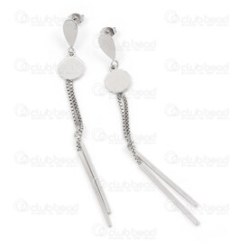 4007-0102-381 - Acier Inoxydable 304 Boucle d'Oreille Tige Oval et Breloque Rond Ondule 10mm avec Pampille Chaine Venitienne 1.2mm et Tube 30.5x1.5mm Longueur Pleine 85mm Naturel 1paire 4007-0102-381,pampille,montreal, quebec, canada, beads, wholesale