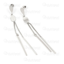 4007-0102-383 - Stainless Steel 304 Earring Stud Oval and Geometric Charm 12x7.5x0.9mm with Box Chain 1.2mm Tassel and Rod 30.5x1.5mm Full Length 85mm Natural 1pair 4007-0102-383,tassels,montreal, quebec, canada, beads, wholesale