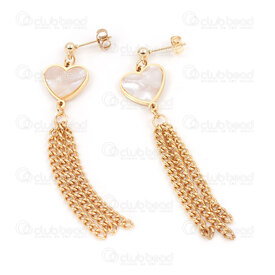 4007-0102-387GL - Acier Inoxydable 304 Boucle d'Oreille Tige a Boule 4mm avec Breloque Cœur 15.5x14x2mm Remplissage Coquillage avec Pampille Chaine Gourmette 3mm Longueur Pleine 72mm Plaque Or 1paire 4007-0102-387GL,OR REMPLI,montreal, quebec, canada, beads, wholesale