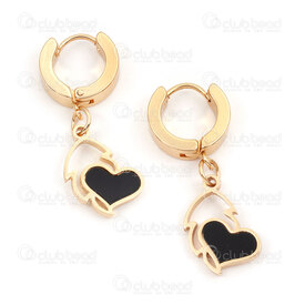 4007-0102-407GL - Acier Inoxydable 304 Boucle d'Oreille a Levier Rond 13.5x3mm avec Breloque Cœur et Plume avec Remplissage Noir Plaque Or 2pcs (1paire) 4007-0102-407GL,OR REMPLI,montreal, quebec, canada, beads, wholesale