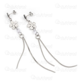 4007-0102-417 - Acier Inoxydable 304 Boucle d'Oreille Tige Plateau Rond 6mm Remplissage Noir avec Breloque Fleur 12mm Rivoli Cristal 6mm et Pampille Chaine Venitienne 1.2mm Longueur Pleine 104mm Naturel 2pcs (1paire) 4007-0102-417,stud earring,montreal, quebec, canada, beads, wholesale