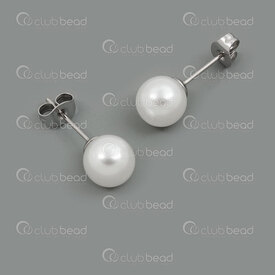 4007-0103-105 - Stainless Steel 304 Earring Stud with Acrylic Pearl 8mm White Round Natural 6pcs (3pairs) 4007-0103-105,Finished jewelry,Stainless steel,montreal, quebec, canada, beads, wholesale