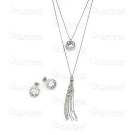 4007-0104-61 - Stainless Steel necklace set and chain, big rhine stone round 12.5mm pendant and ear ring natural 1 set 4007-0104-61,big,montreal, quebec, canada, beads, wholesale