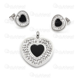 4007-0104-69 - Stainless Steel pendant and ear ring set heart pendant 24x25mm with rhinestone natural-black 1set 4007-0104-69,Pierre coeur,montreal, quebec, canada, beads, wholesale