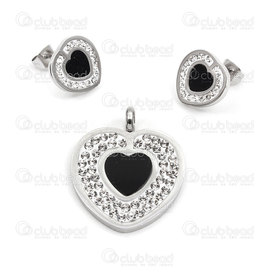 4007-0104-69 - Stainless Steel pendant and ear ring set heart pendant 24x25mm with rhinestone natural-black 1set 4007-0104-69,Pendants,Stainless Steel,BOUCLES D'OREILLE ACIER INOXYDABLE,montreal, quebec, canada, beads, wholesale