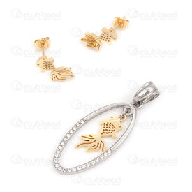 4007-0104-89 - Stainless Steel Set Pendant Pineapple 32.5x15.5mm Earring Pineapple 14x8mm Natural-Gold Rhinstone 1Set 4007-0104-89,Stainless Steel Earring,montreal, quebec, canada, beads, wholesale