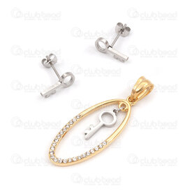 4007-0104-91 - Stainless Steel Set Pendant Key 32.5x15.5mm Earring Key 12.5x6mm Natural-Gold Rhinstone 1Set 4007-0104-91,Finished jewelry,montreal, quebec, canada, beads, wholesale