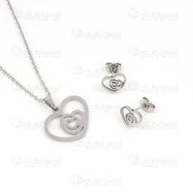 4007-0105-25 - Stainless steel earring and necklace set Heart (3) 16.5x21mm, 8x10mm Natural 1set 4007-0105-25,Finished jewelry,montreal, quebec, canada, beads, wholesale