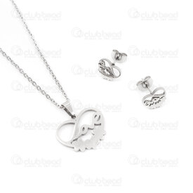 4007-0105-29 - Stainless steel earring and necklace set Heart Inscription 'Love' 16.5x19.5mm, 7.5x9.5mm Natural 1set 4007-0105-29,New Products,montreal, quebec, canada, beads, wholesale