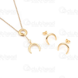 4007-0105-39GL - Stainless Steel Earring and Necklace set Crescent Moon 12x15x3mm Gold 1 Set 4007-0105-39GL,Finished jewelry,montreal, quebec, canada, beads, wholesale