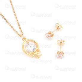 4007-0105-59GL - Necklace Round With Ribbon charm and Earring Set with rhinestone gold 1 Set !LIMITED QUANTITY! 4007-0105-59GL,ruban,montreal, quebec, canada, beads, wholesale