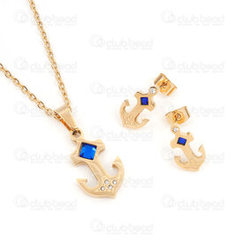4007-0105-63GL - Ensemble Collier et Boucle D'oreille Ancre de Bateau avec Peirre du Rhin Bleue Cristal or 1 Ensemble ! QUANTITÉ LIMITÉE ! 4007-0105-63GL,bát,montreal, quebec, canada, beads, wholesale