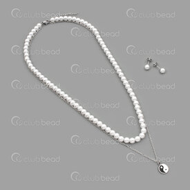 4007-0105-71 - Stainless Steel Double Necklace and Earring Set 6mm White Round Acrylic Pearl 16" Cable Chain 20" with Yin-Yang Charm 10mm Earring Stud 6mm Natural 1 Set 4007-0105-71,Billes acrylique,montreal, quebec, canada, beads, wholesale