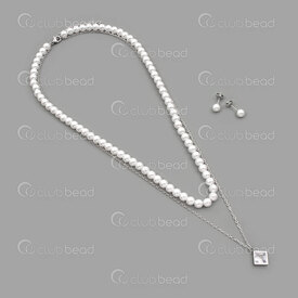 4007-0105-73 - Stainless Steel Double Necklace and Earring Set 6mm White Round Acrylic Pearl 16" Cable Chain 20" with Diamond shape Crystal Cubic Zircon Charm 12.5mm Earring Stud 6mm Natural 1 Set 4007-0105-73,Billes acrylique,montreal, quebec, canada, beads, wholesale