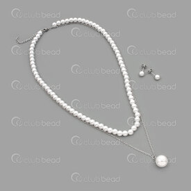4007-0105-75 - Stainless Steel Double Necklace and Earring Set 6mm White Round Acrylic Pearl 16" Cable Chain 20" with White Round Acylic Pearl Charm 12mm Earring Stud 6mm Natural 1 Set 4007-0105-75,Billes acrylique,montreal, quebec, canada, beads, wholesale