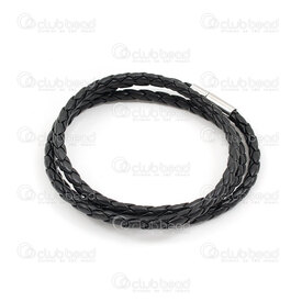 4007-0212-63BLK - Cuir Bracelet Noir 3mm Rond Tresse avec Fermoir Nickel Longueur 60cm 1pc 4007-0212-63BLK,4007-0212,montreal, quebec, canada, beads, wholesale