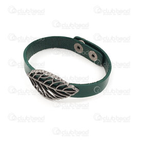 4007-0212-69GN - Leather bracelet green 10x2mm with metal leaf and snap button clasp nickel 22cm lenght 1pc 4007-0212-69GN,Finished jewelry,Leather,montreal, quebec, canada, beads, wholesale