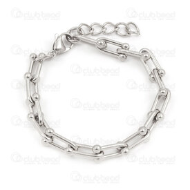 4007-0213-101 - Stainless Steel 304 Fancy Chain U shape Link 8x15x2.2mm with 4mm Ball 19cm (7.5in) Bracelet with Extender Chain 30mm Natural 1pc 4007-0213-101,stainless steel link,montreal, quebec, canada, beads, wholesale