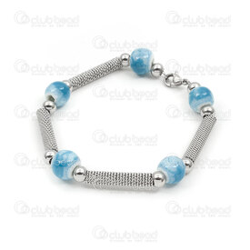 4007-0213-421 - Stainless Steel bracelet 10mm round ceramic bead light blue and flexible tube bead 25x5mm Natural 22cm lenght 1pc 4007-0213-421,Finished jewelry,montreal, quebec, canada, beads, wholesale