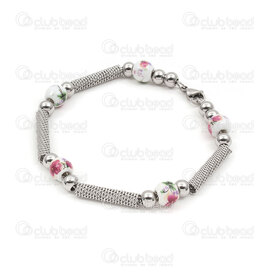 4007-0213-431 - Stainless Steel bracelet 8mm round ceramic bead magenta flower white base and flexible tube bead 24x4.5mm Natural 21cm lenght 1pc 4007-0213-431,Clearance by Category,montreal, quebec, canada, beads, wholesale