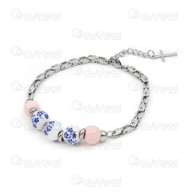 4007-0213-441 - Stainless Steel bracelet 10mm round ceramic bead pink-cobalt flower with white base Natural Venitian chain cross charm end chain 21cm lenght 1pc 4007-0213-441,montreal, quebec, canada, beads, wholesale