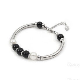 4007-0213-451 - Stainless Steel bracelet 8mm round pearl glass bead black-off white and curve bead tube 44x5mm Natural 20cm lenght 1pc 4007-0213-451,Finished jewelry,montreal, quebec, canada, beads, wholesale