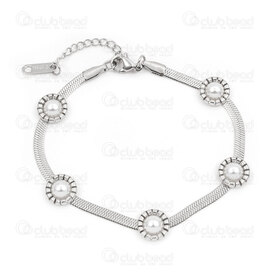 4007-0213-77 - Stainless Steel Flat Snake Chain Bracelet with White Pearl 21cm Natural  1 pc china 4007-0213-77,Chaines serpent,montreal, quebec, canada, beads, wholesale