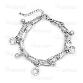4007-0213-81 - Stainless Steel Double Chain Bracelet With  Beads and Roud Cubic Zircon 20cm Natural 1 pc china 4007-0213-81,Finished jewelry,Stainless steel,montreal, quebec, canada, beads, wholesale