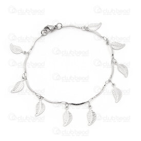 4007-0213-89 - Stainless Steel Bracelet Curved Link 1x15.5mm with Engraved Leaf Charm 7.5inch (19cm) Natural 1pc 4007-0213-89,Maillons,montreal, quebec, canada, beads, wholesale