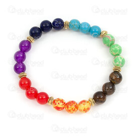 4007-0216-23 - Natural Semi Precious Stone Bead Bracelet Round 7mm 7 Chakras with Metal Gold Spacer Bead 7in on Elastic 1pc 4007-0216-23,bracelet,montreal, quebec, canada, beads, wholesale