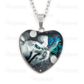 4007-0315-25 - Acier Inoxydable 304 Pendentif Cœur Chat et Papillon 27x22.5x6mm Chaine Forcat Metal 2.5x3mm Collier 22po (56cm) avec Chaine de Rallonge et Breloque Naturel 1pc 4007-0315-25,Cats pendant,montreal, quebec, canada, beads, wholesale