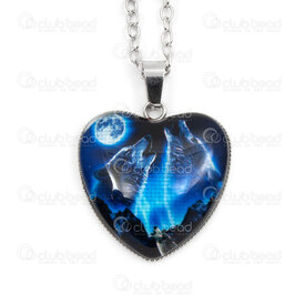 4007-0315-29 - Acier Inoxydable 304 Pendentif Cœur Deux Loup Hurlant a la Lune 27x22.5x6mm Chaine Forcat Metal 2.5x3mm Collier 22po (56cm) avec Chaine de Rallonge et Breloque Naturel 1pc 4007-0315-29,how,montreal, quebec, canada, beads, wholesale