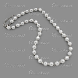 4007-0315-31 - Stainless Steel 304 Cable Chain with Acrylic Pearl 8mm White Round and 4mm Round Bead 45cm (18in) Necklace with Chain Extender 50mm Natural 1pc 4007-0315-31,Finished jewelry,montreal, quebec, canada, beads, wholesale