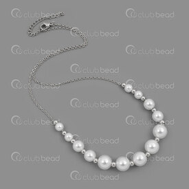 4007-0315-33 - Stainless Steel 304 Cable Chain 1.5x2mm with Acrylic Pearl 6-10mm White Round and 4mm Round Bead 45cm (18in) Necklace with Chain Extender 50mm Natural 1pc 4007-0315-33,acrylique,montreal, quebec, canada, beads, wholesale