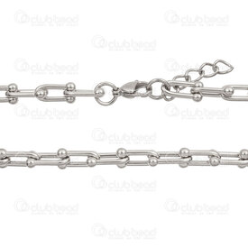 4007-0315-43 - Stainless Steel 304 Fancy Chain U shape Link 8x15x2.2mm with 4mm Ball 45cm (18in) Necklace with Extender Chain 30mm Natural 1pc 4007-0315-43,acier inoxydable chain,montreal, quebec, canada, beads, wholesale