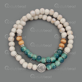 4007-1105-0609 - Ceramic Bracelet 6mm Ecru-Green with Wood Bead and Metal Spacer on Elastic 12in (30cm) 1pc 4007-1105-0609,Beads,Ceramic,montreal, quebec, canada, beads, wholesale